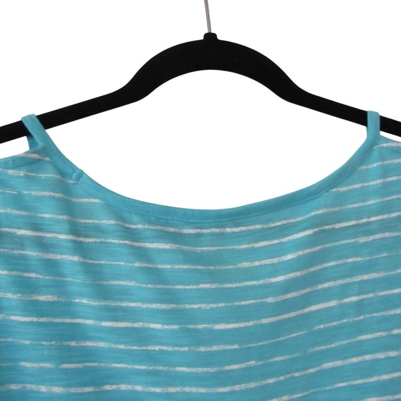 Exertek Turquoise Blue White Striped Short Sleeve Tee XL Cutout Shoulder Stretch - Picture 5 of 8